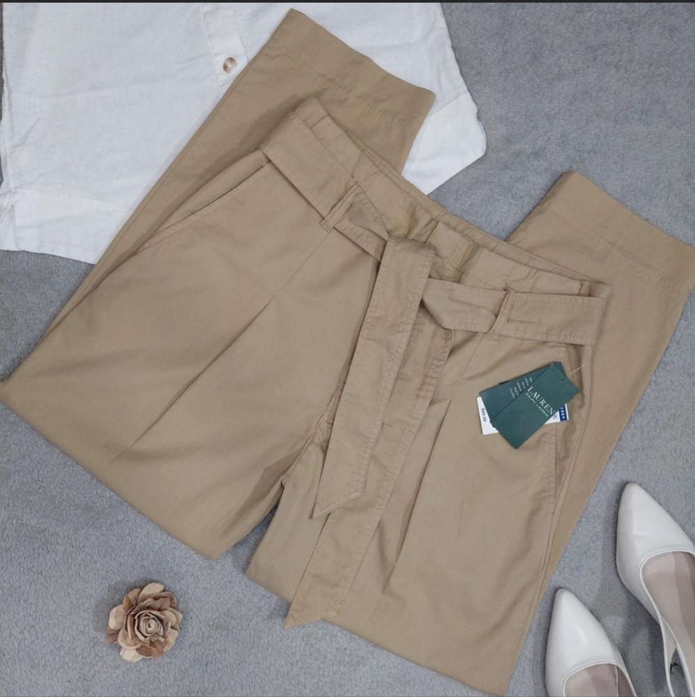 New Lauren Ralph Lauren Paperbag Tie Waist Pants Tan Khaki Size 8 / Medium